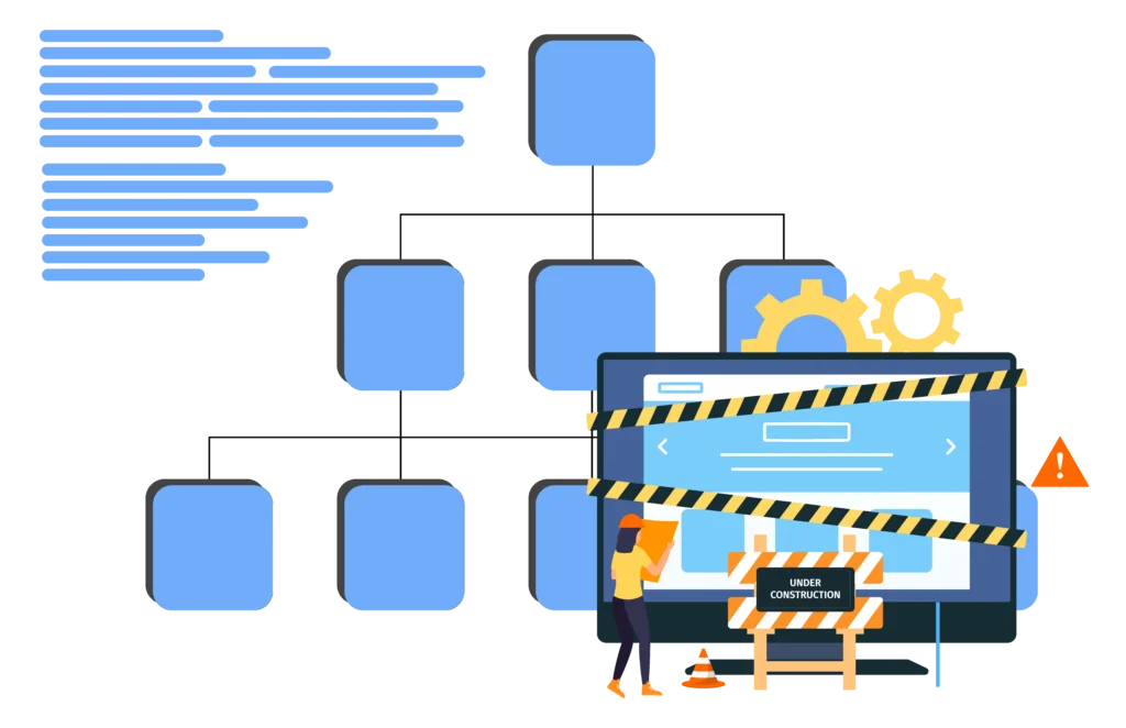 Schlechte Website-Struktur- Illustration - Struktur mit einer Website als Baustelle
