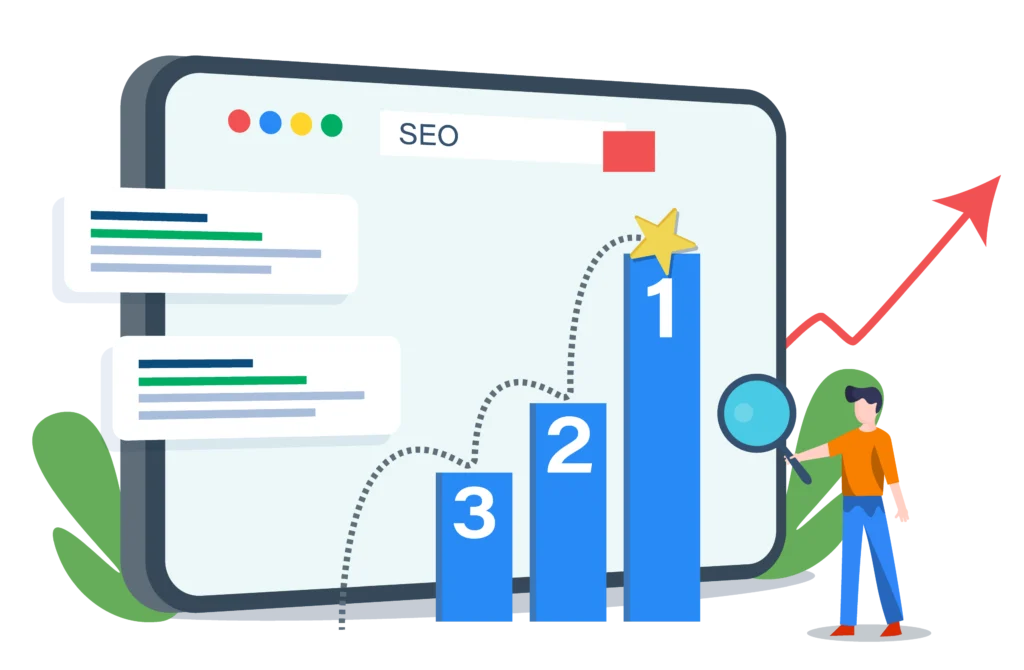 professioneller Suchmaschinenoptimierung - Illustration - Stern der Rankings klettert vor einem Bildschirm